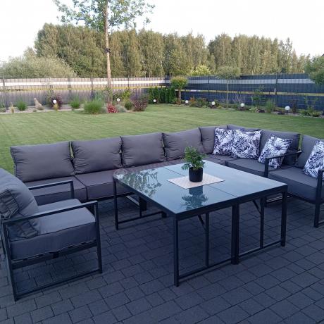 Modułowe meble narożne ogrodowe z wysokim stołem i dwoma fotelami Trapeno 6 modułów