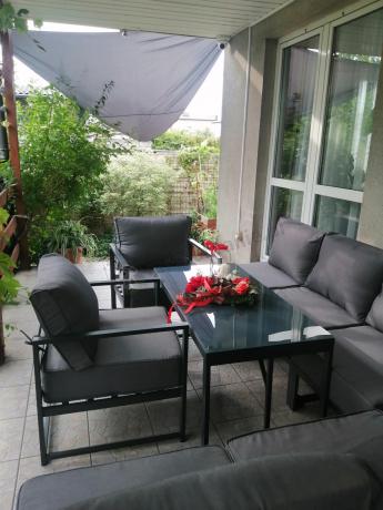 Modułowe meble narożne ogrodowe z wysokim stołem i dwoma fotelami Trapeno 6 modułów