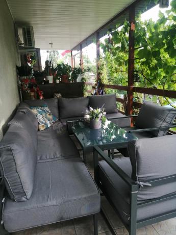 Modułowe meble narożne ogrodowe z wysokim stołem i dwoma fotelami Trapeno 6 modułów