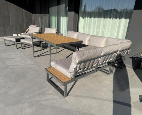 Modułowe meble obiadowe z narożnikiem z ławą i dwoma fotelami Panaon Grey Teak