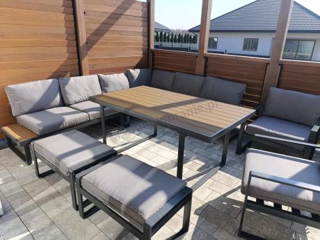 Modułowe meble obiadowe z narożnikiem z ławą i dwoma fotelami Panaon Grey Teak