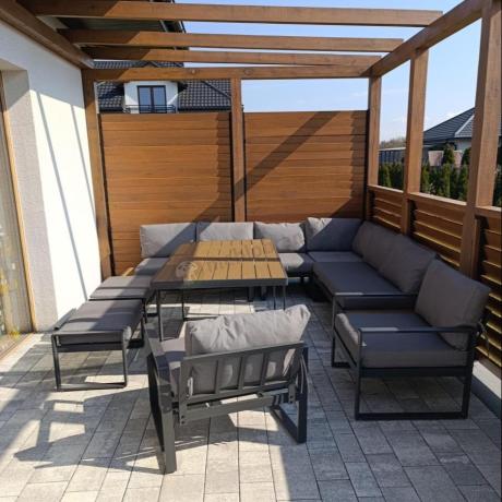 Modułowe meble obiadowe z narożnikiem z ławą i dwoma fotelami Panaon Grey Teak