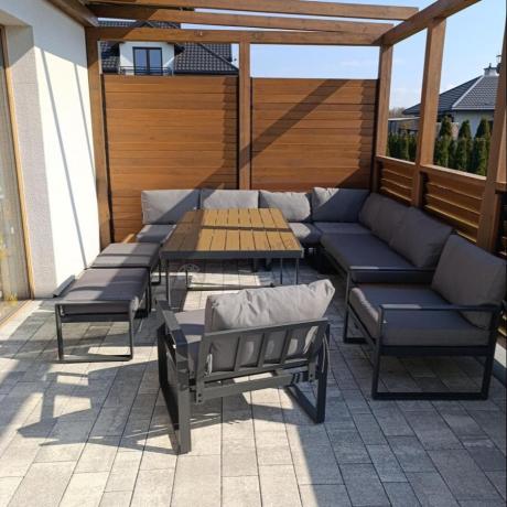 Modułowe meble obiadowe z narożnikiem z ławą i dwoma fotelami Panaon Grey Teak