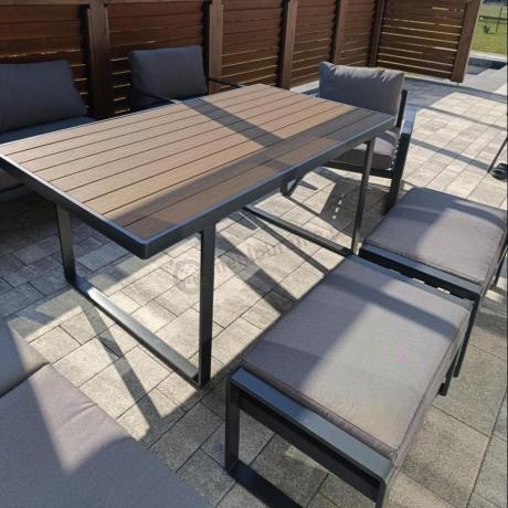 Modułowe meble obiadowe z narożnikiem z ławą i dwoma fotelami Panaon Grey Teak