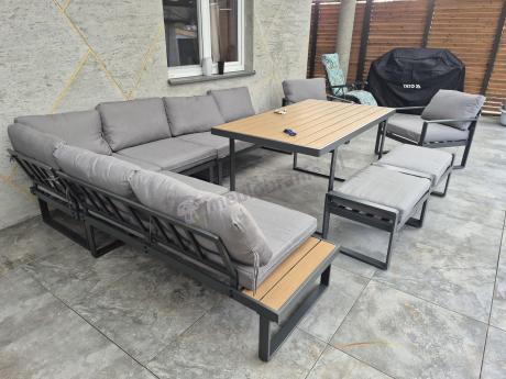 Modułowe meble obiadowe z narożnikiem z ławą i dwoma fotelami Panaon Grey Teak