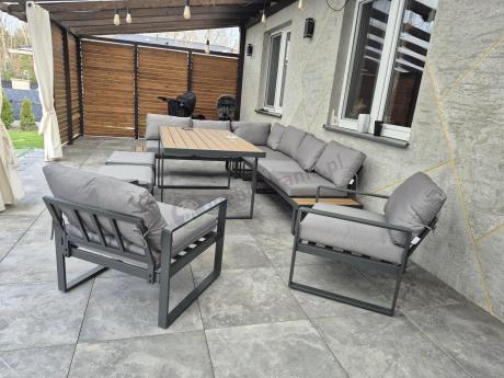 Modułowe meble obiadowe z narożnikiem z ławą i dwoma fotelami Panaon Grey Teak