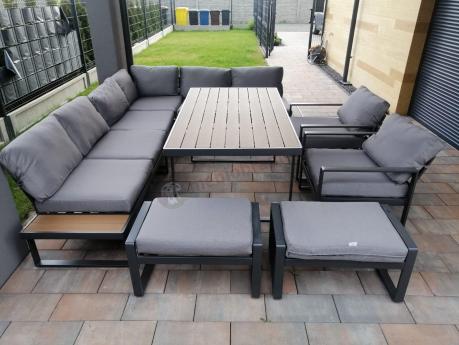 Modułowe meble obiadowe z narożnikiem z ławą i dwoma fotelami Panaon Grey Teak