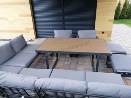Modułowe meble obiadowe z narożnikiem z ławą i dwoma fotelami Panaon Grey Teak