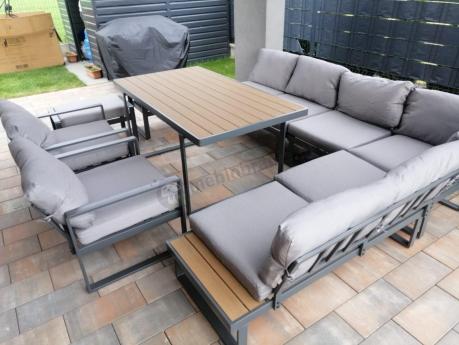 Modułowe meble obiadowe z narożnikiem z ławą i dwoma fotelami Panaon Grey Teak