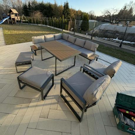 Modułowe meble obiadowe z narożnikiem z ławą i dwoma fotelami Panaon Grey Teak