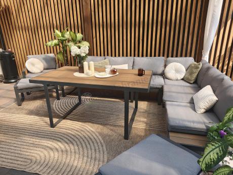 Modułowe meble obiadowe z narożnikiem z ławą i dwoma fotelami Panaon Grey Teak