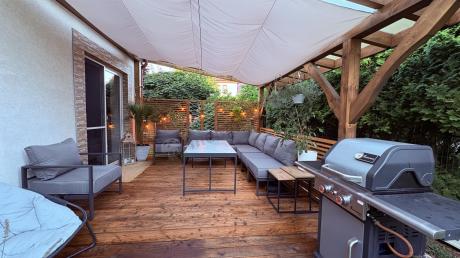 Modułowe narożne meble ogrodowe ze stołem 160 cm i dwoma fotelami Trapeno 6 modułów