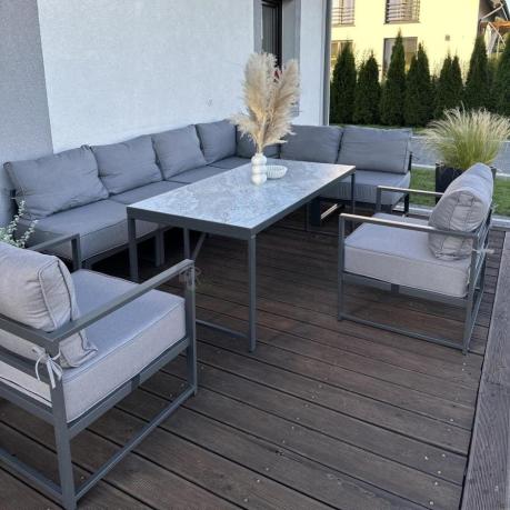 Modułowe narożne meble ogrodowe ze stołem 160 cm i dwoma fotelami Trapeno 6 modułów