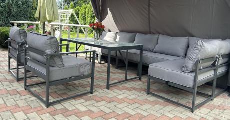 Modułowe narożne meble ogrodowe ze stołem 160 cm i dwoma fotelami Trapeno 6 modułów