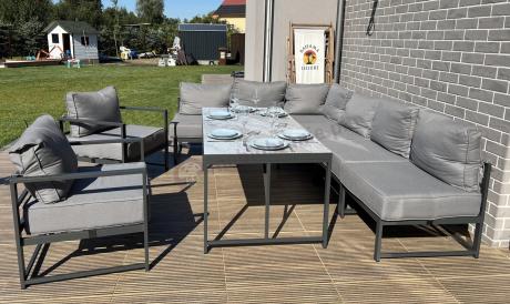 Modułowe narożne meble ogrodowe ze stołem 160 cm i dwoma fotelami Trapeno 6 modułów