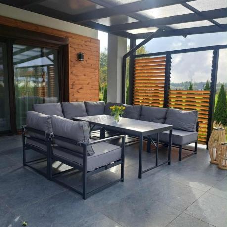 Modułowe narożne meble ogrodowe ze stołem 160 cm i dwoma fotelami Trapeno 6 modułów