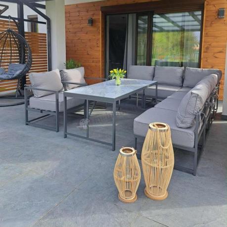 Modułowe narożne meble ogrodowe ze stołem 160 cm i dwoma fotelami Trapeno 6 modułów