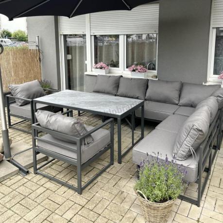 Modułowe narożne meble ogrodowe ze stołem 160 cm i dwoma fotelami Trapeno 6 modułów