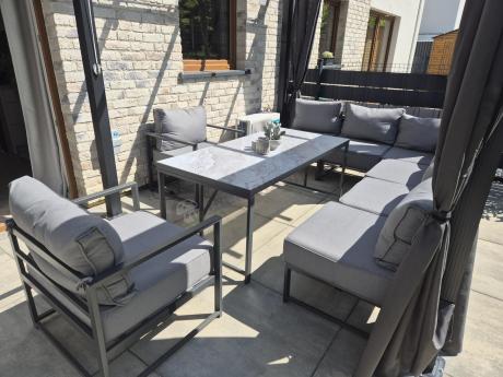 Modułowe narożne meble ogrodowe ze stołem 160 cm i dwoma fotelami Trapeno 6 modułów