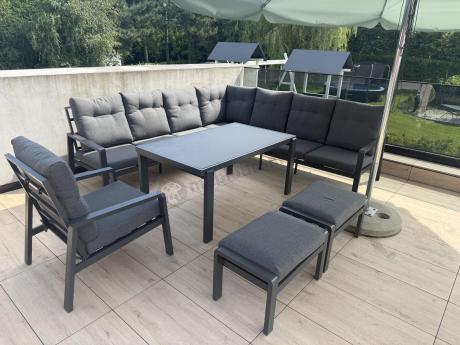 Modułowy duży narożnik ogrodowy z fotelem pufami i stołem dla 10 osób aluminium Tavaro Corner XL Antracite