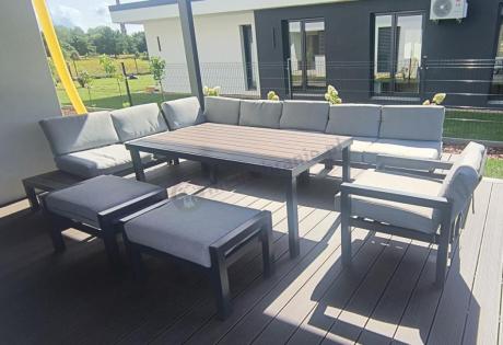 Modułowy narożnik na taras, wysoki stół, fotel i pufy - Calamba Corner XXL - Light Grey