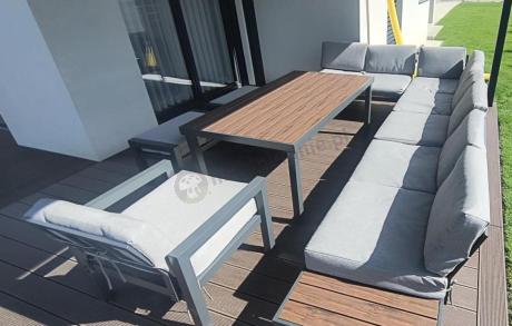 Modułowy narożnik na taras, wysoki stół, fotel i pufy - Calamba Corner XXL - Light Grey