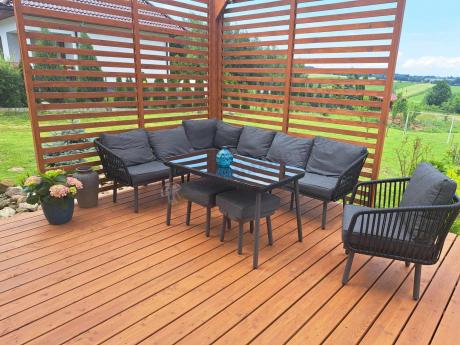 Modułowy narożnik na taras z fotelem i stołem 120cm Postigo Corner XL Dark Grey