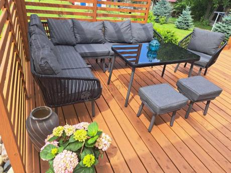 Modułowy narożnik na taras z fotelem i stołem 120cm Postigo Corner XL Dark Grey