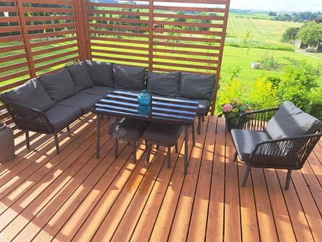 Modułowy narożnik na taras z fotelem i stołem 120cm Postigo Corner XL Dark Grey