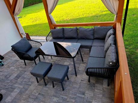 Modułowy narożnik na taras z fotelem i stołem 120cm Postigo Corner XL Dark Grey