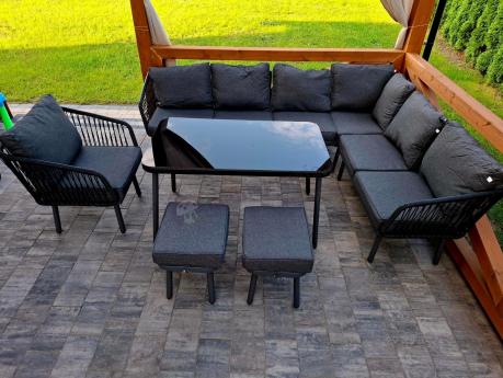 Modułowy narożnik na taras z fotelem i stołem 120cm Postigo Corner XL Dark Grey