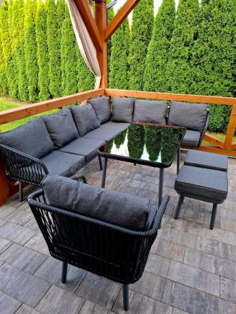 Modułowy narożnik na taras z fotelem i stołem 120cm Postigo Corner XL Dark Grey