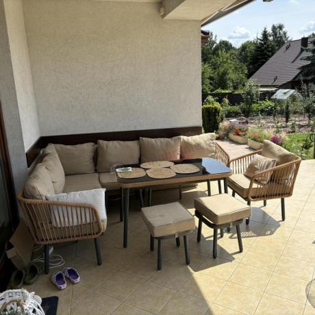 Modułowy narożnik na taras z fotelem i stołem 120cm Postigo Corner XL Nature