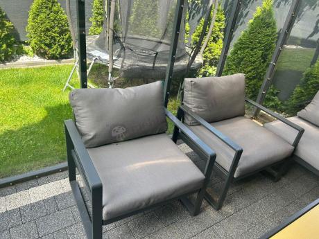 Modułowy narożnik ogrodowy ze stołem obiadowym, fotelami i pufami - Panaon Corner XXL - WG