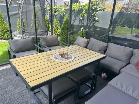 Modułowy narożnik ogrodowy ze stołem obiadowym, fotelami i pufami - Panaon Corner XXL - WG