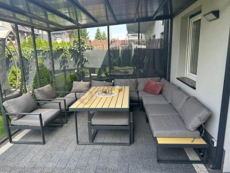 Modułowy narożnik ogrodowy ze stołem obiadowym, fotelami i pufami - Panaon Corner XXL - WG