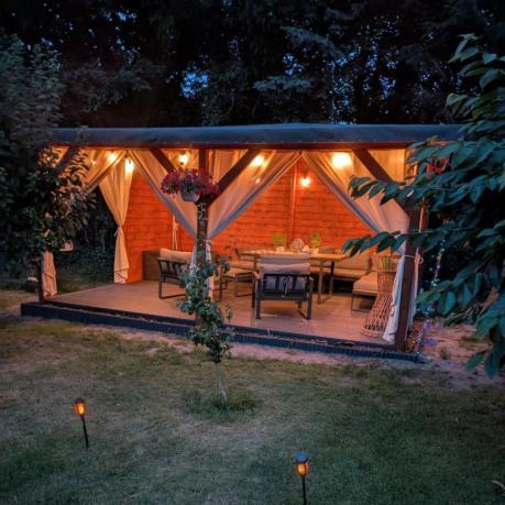 Modułowy narożnik ogrodowy ze stołem obiadowym, fotelami i pufami - Panaon Corner XXL - WG