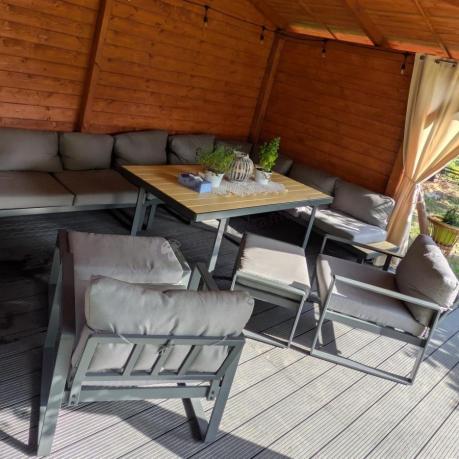 Modułowy narożnik ogrodowy ze stołem obiadowym, fotelami i pufami - Panaon Corner XXL - WG
