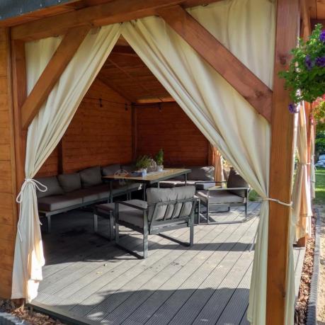 Modułowy narożnik ogrodowy ze stołem obiadowym, fotelami i pufami - Panaon Corner XXL - WG