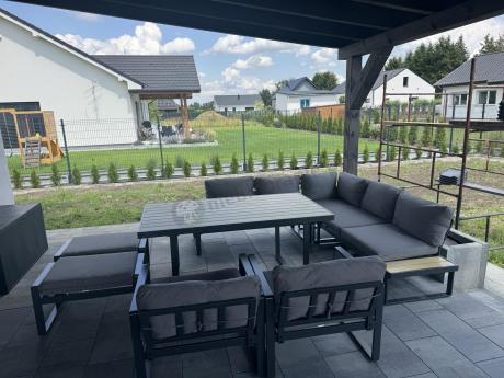 Modułowy narożnik ogrodowy ze stołem obiadowym, fotelami i pufami - Panaon Corner XXL - WG