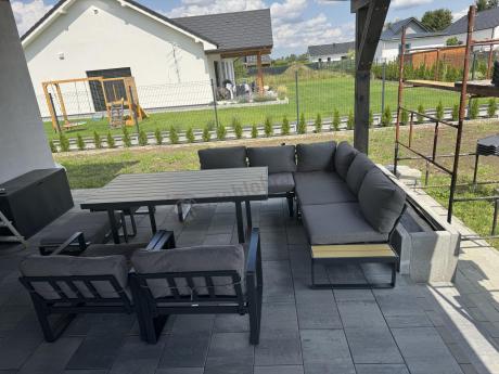 Modułowy narożnik ogrodowy ze stołem obiadowym, fotelami i pufami - Panaon Corner XXL - WG