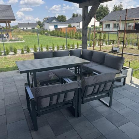 Modułowy narożnik ogrodowy ze stołem obiadowym, fotelami i pufami - Panaon Corner XXL - WG