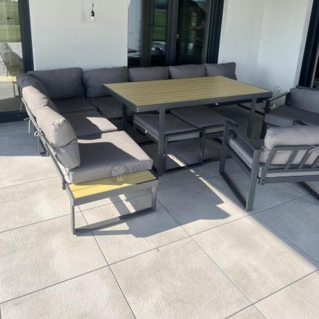 Modułowy narożnik ogrodowy ze stołem obiadowym, fotelami i pufami - Panaon Corner XXL - WG