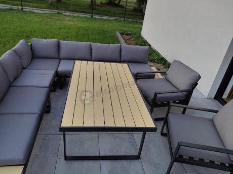 Modułowy narożnik ogrodowy ze stołem obiadowym, fotelami i pufami - Panaon Corner XXL - WG