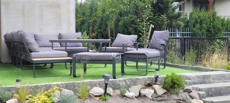 Modułowy narożnik ogrodowy ze stołem obiadowym, fotelami i pufami - Panaon Corner XXL - WG