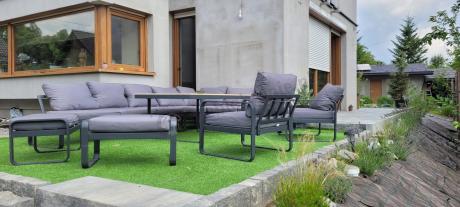 Modułowy narożnik ogrodowy ze stołem obiadowym, fotelami i pufami - Panaon Corner XXL - WG