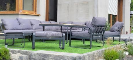 Modułowy narożnik ogrodowy ze stołem obiadowym, fotelami i pufami - Panaon Corner XXL - WG