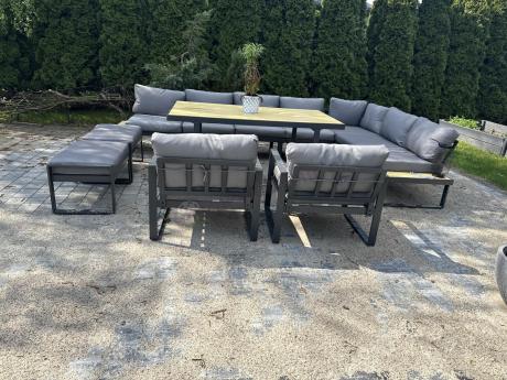 Modułowy narożnik ogrodowy ze stołem obiadowym, fotelami i pufami - Panaon Corner XXL - WG