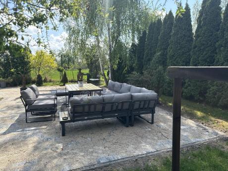 Modułowy narożnik ogrodowy ze stołem obiadowym, fotelami i pufami - Panaon Corner XXL - WG