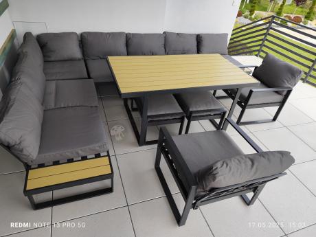 Modułowy narożnik ogrodowy ze stołem obiadowym, fotelami i pufami - Panaon Corner XXL - WG